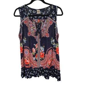 Bila Blue Orange Blue Floral Sleeveless Crinkle Tunic Tank Top Boho Peasant Wome